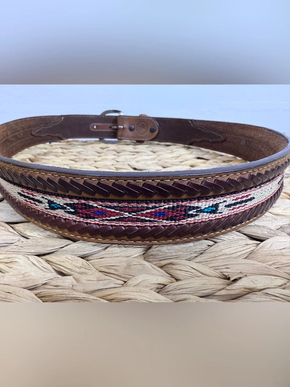 Silver Creek Men's Leather Western Belt Size 34 Southwestern Woven Brown
